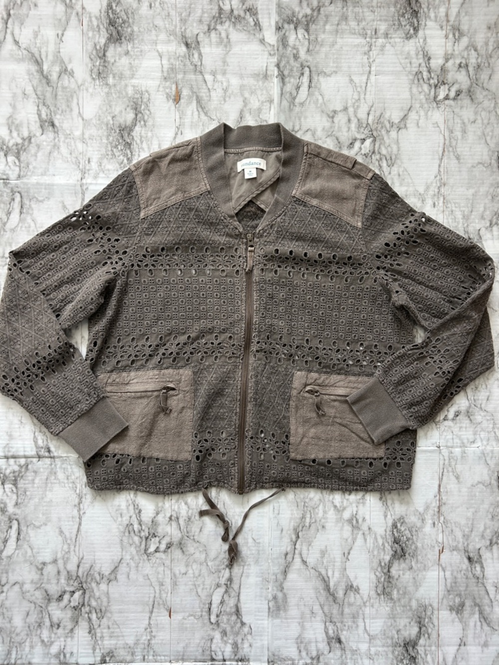 Sundance | women’s medium Embroidered Eyelet Cutout Boho Bomber Jacket full zip